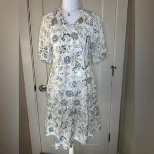 Sonoma Boho Floral Tiered Dress | Small | Tassel Tie-Neck Cream Blue